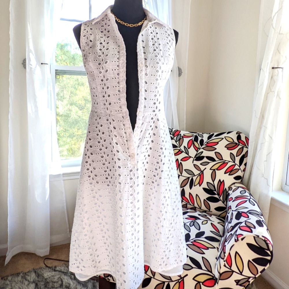 London Time White Eyelet Knee Length Dress Size S